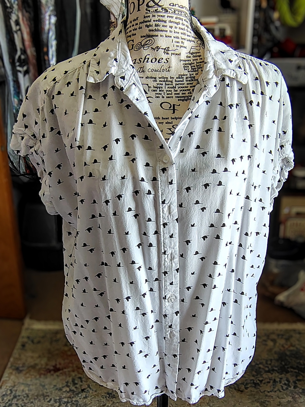White Button-Up Blouse with Black Bird Print